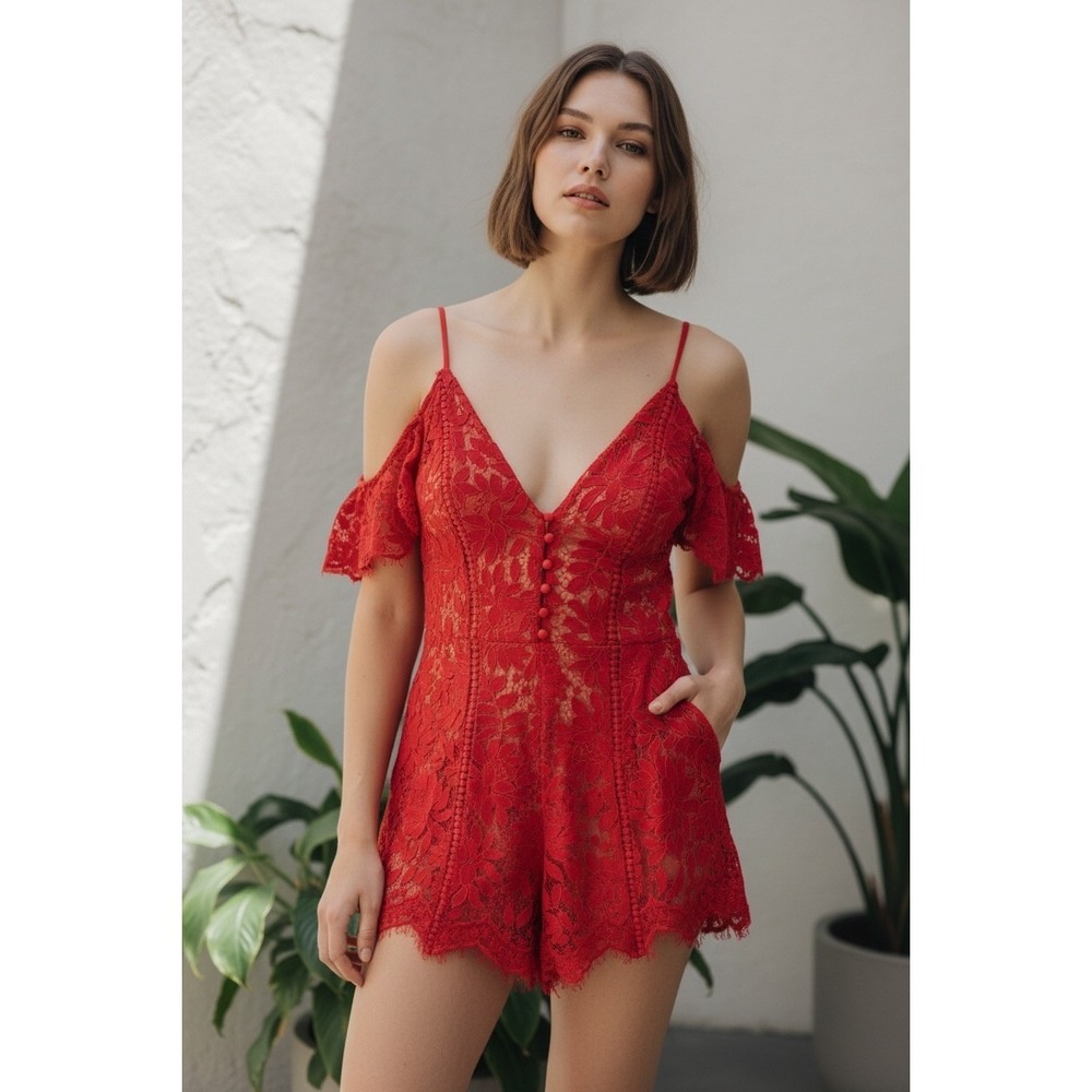 Tobi Red Lace Cold Shoulder Romper V-Neck Mini Vampy Fairycore Y2K Whimsical XS